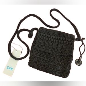 The Sak Boho Style Aesthetic Black Crochet Crossbody Small Flap Purse